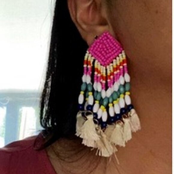 Boho  Bead & Tassel Drop Earrings - Picture 2 of 5